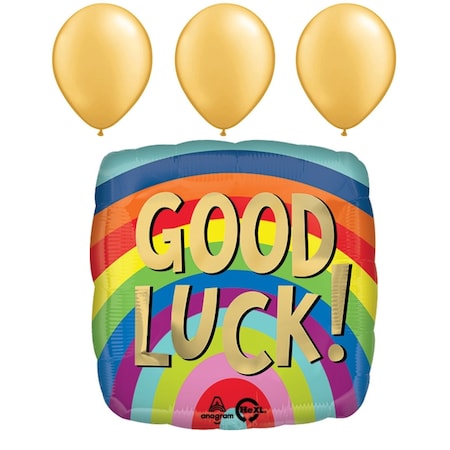Sentiments Balloons, 18 Inch Good Luck Rainbow Stripes, 3 Gold Latex Set
